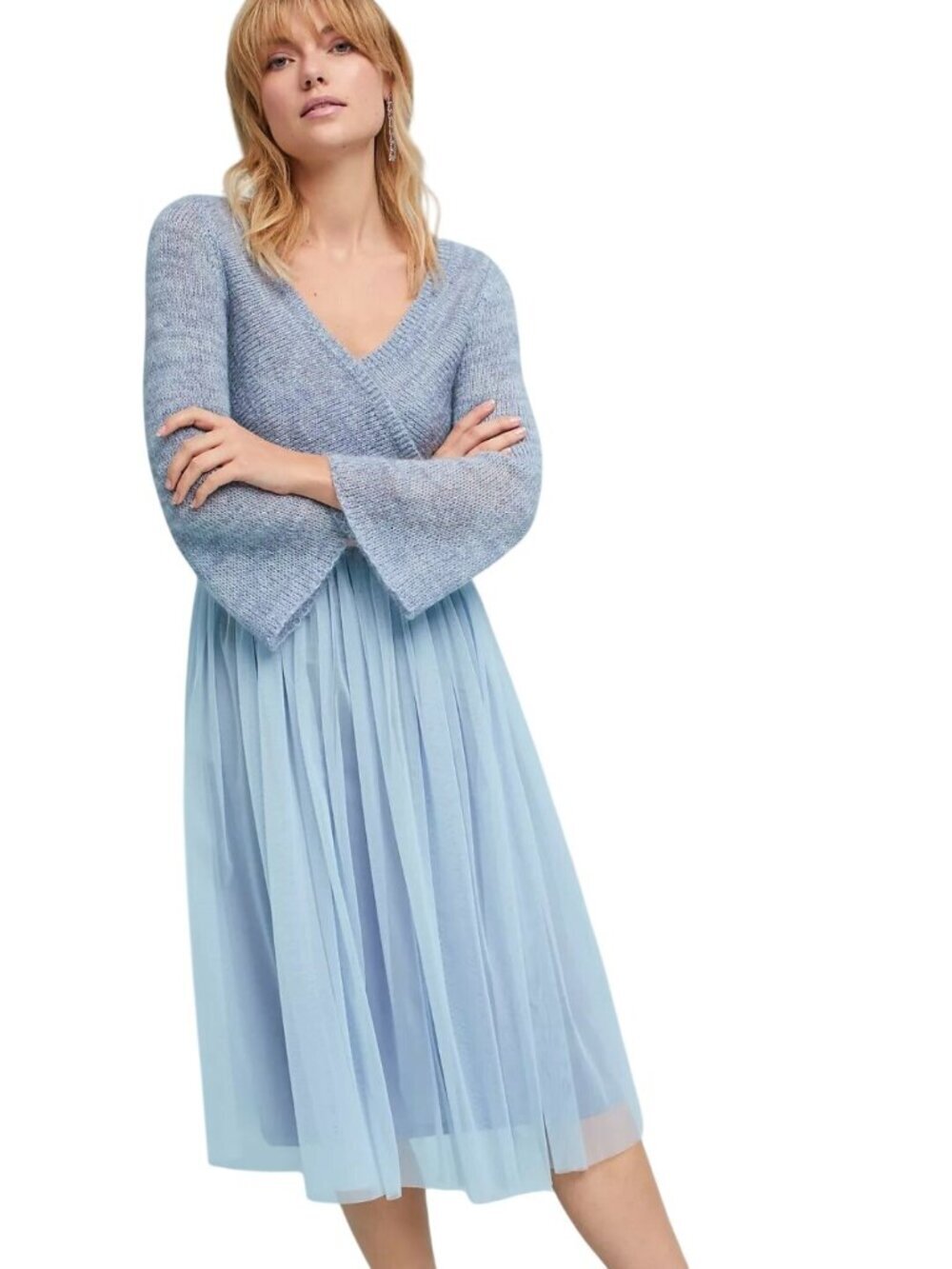Anthropologie Maeve NWOT Arabesque Blue Tulle Mohair Sweater Midi Dress Size L